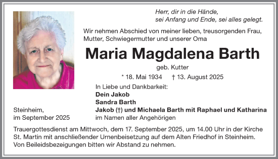Traueranzeige von Maria Magdalena Barth von Memminger Zeitung