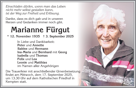 Traueranzeige von Marianne Fürgut von Allgäuer Zeitung,Kempten