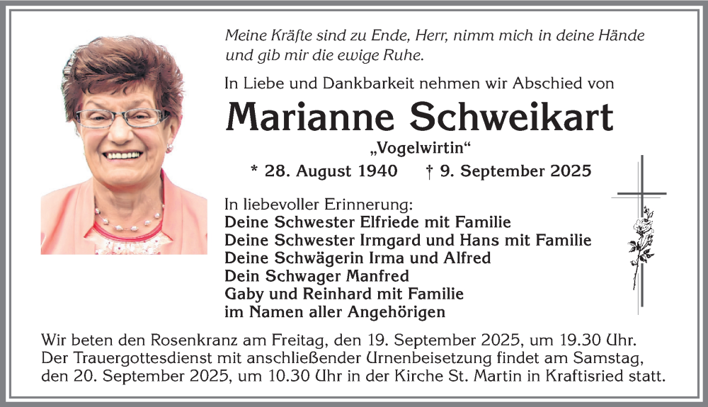  Traueranzeige für Marianne Schweikart vom 17.09.2025 aus Allgäuer Zeitung, Marktoberdorf