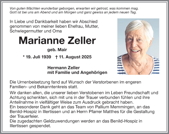 Traueranzeige von Marianne Zeller von Memminger Zeitung