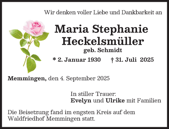 Traueranzeige von Maria Stephanie Heckelsmüller von Memminger Zeitung