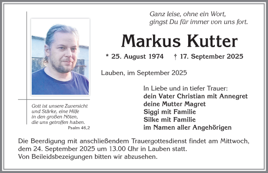 Traueranzeige von Markus Kutter von Memminger Zeitung