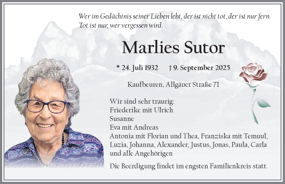  Traueranzeige für Marlies Sutor vom 16.09.2025 aus Allgäuer Zeitung, Kaufbeuren/Buchloe