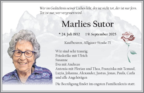 Traueranzeige von Marlies Sutor von Allgäuer Zeitung, Kaufbeuren/Buchloe
