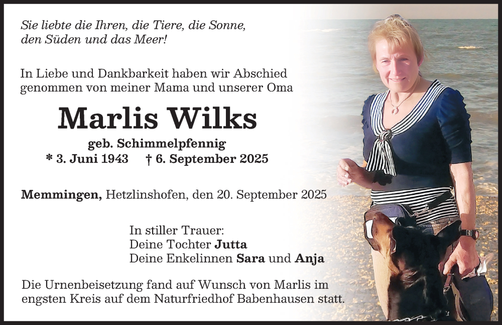  Traueranzeige für Marlis Wilks vom 20.09.2025 aus Memminger Zeitung
