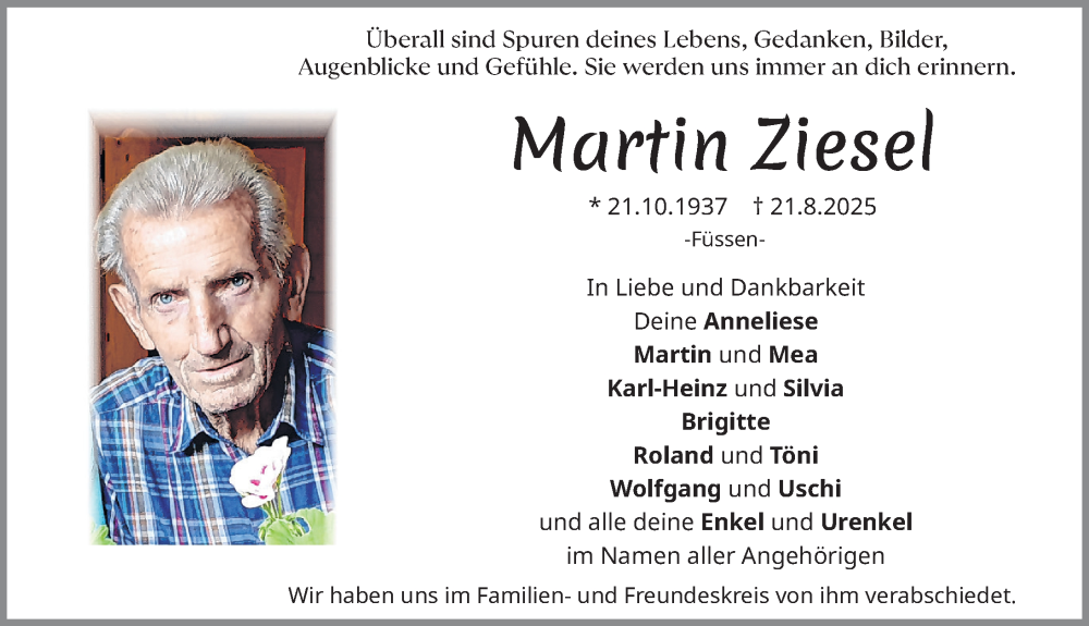  Traueranzeige für Martin Ziesel vom 11.09.2025 aus Allgäuer Zeitung, Füssen