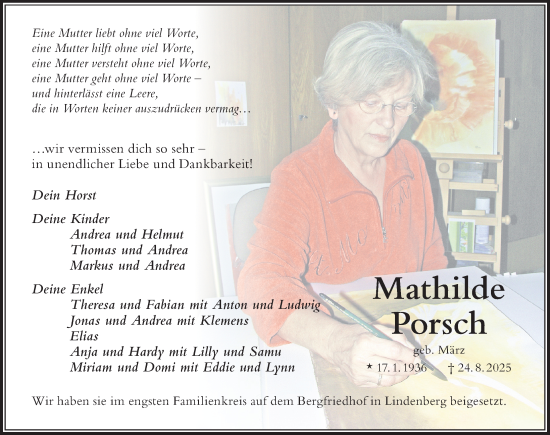 Traueranzeige von Mathilde Porsch von Der Westallgäuer