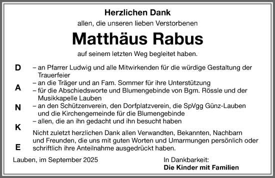 Traueranzeige von Matthäus Rabus von Memminger Zeitung