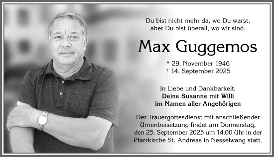 Traueranzeige von Max Guggemos von Allgäuer Zeitung, Füssen