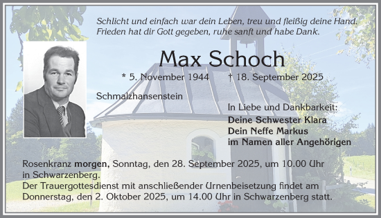 Traueranzeige von Max Schoch von Allgäuer Zeitung,Kempten