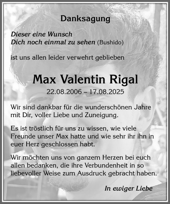 Traueranzeige von Max Valentin Rigal von Allgäuer Zeitung,Kempten