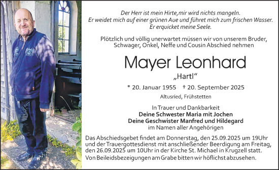 Traueranzeige von Mayer Leonhard von Allgäuer Zeitung,Kempten