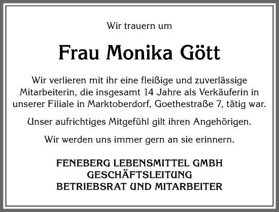 Traueranzeige von Monika Gött von Allgäuer Zeitung, Marktoberdorf
