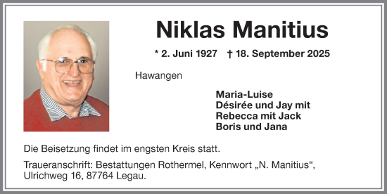 Traueranzeige von Niklas Manitius von Memminger Zeitung