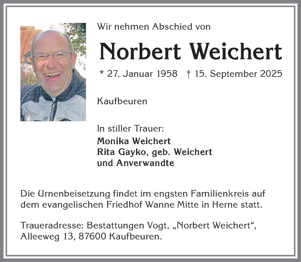  Traueranzeige für Norbert Weichert vom 27.09.2025 aus Allgäuer Zeitung, Kaufbeuren/Buchloe
