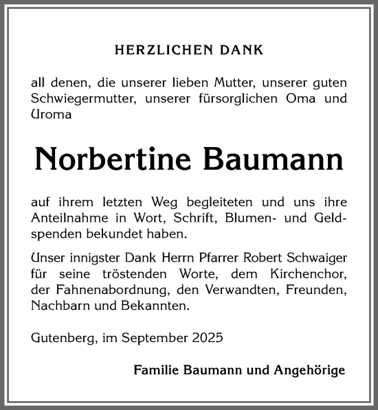 Traueranzeige von Norbertine Baumann von Allgäuer Zeitung, Kaufbeuren/Buchloe