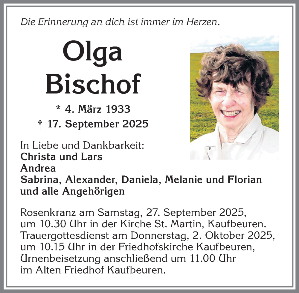  Traueranzeige für Olga Bischof vom 27.09.2025 aus Allgäuer Zeitung, Kaufbeuren/Buchloe