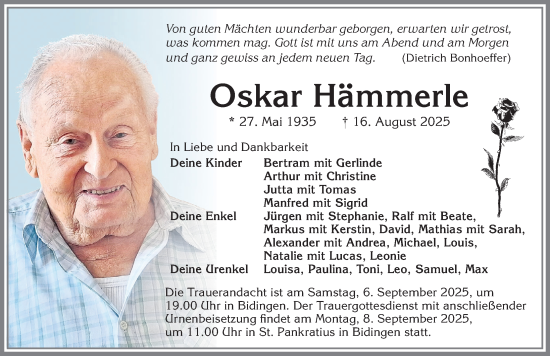 Traueranzeige von Oskar Hämmerle von Allgäuer Zeitung, Marktoberdorf