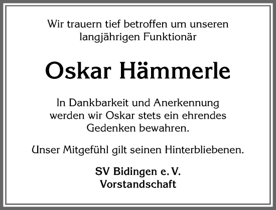 Traueranzeige von Oskar Hämmerle von Allgäuer Zeitung, Marktoberdorf