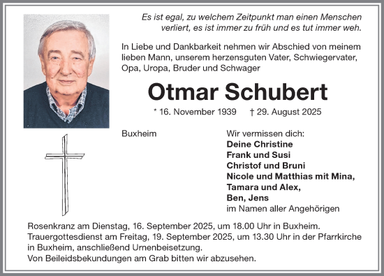 Traueranzeige von Otmar Schubert von Memminger Zeitung