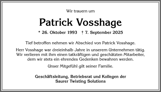 Traueranzeige von Patrick Vosshage von Allgäuer Zeitung,Kempten