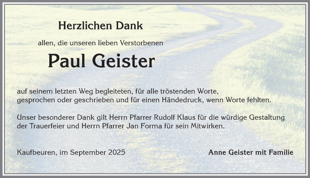  Traueranzeige für Paul Geister vom 20.09.2025 aus Allgäuer Zeitung, Kaufbeuren/Buchloe