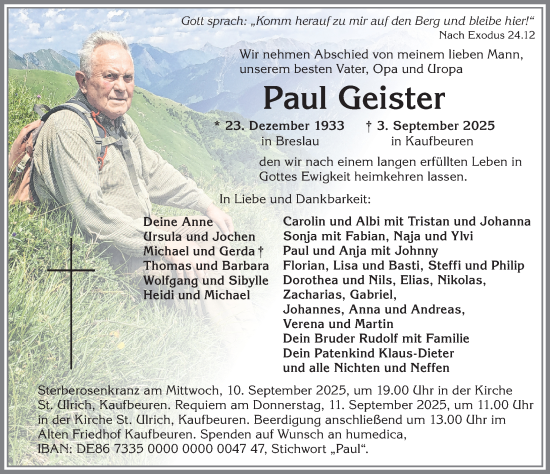 Traueranzeige von Paul Geister von Allgäuer Zeitung, Kaufbeuren/Buchloe