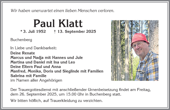 Traueranzeige von Paul Klatt von Allgäuer Zeitung,Kempten