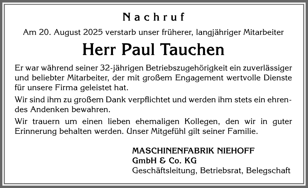  Traueranzeige für Paul Tauchen vom 04.09.2025 aus Allgäuer Zeitung, Marktoberdorf