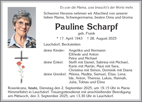 Traueranzeige von Pauline Scharpf von Augsburger Allgemeine, Mindelheimer Zeitung