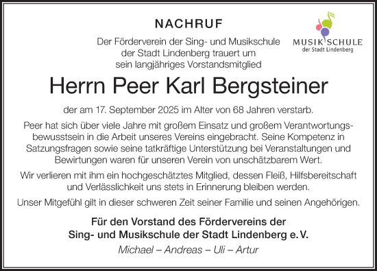 Traueranzeige von Peer Karl Bergsteiner von Der Westallgäuer