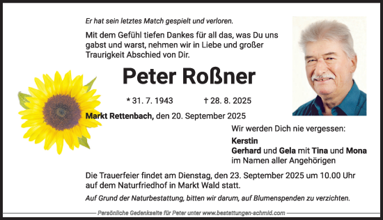 Traueranzeige von Peter Roßner von Memminger Zeitung