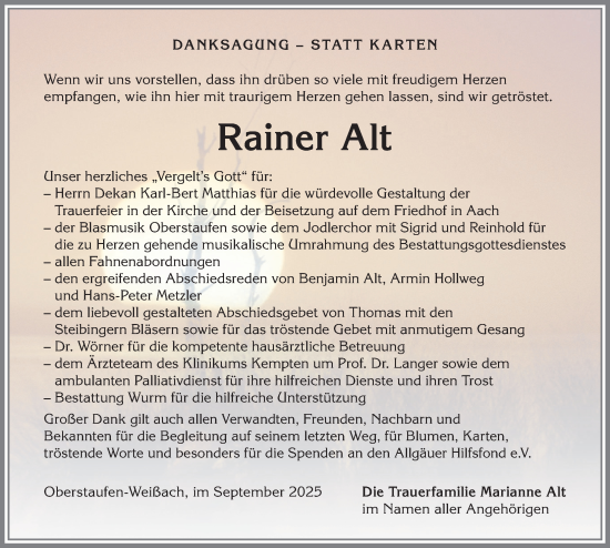 Traueranzeige von Rainer Alt von Allgäuer Anzeigeblatt