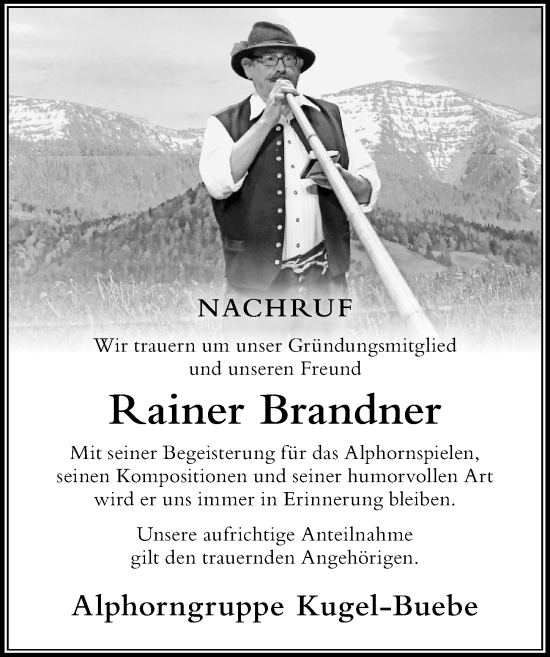 Traueranzeige von Rainer Brandner von Der Westallgäuer