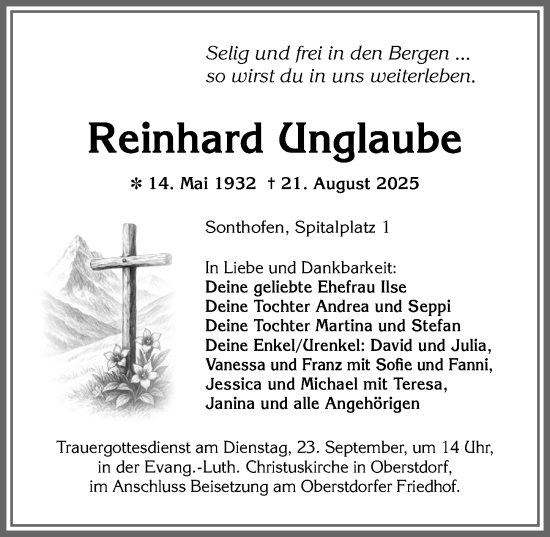 Traueranzeige von Reinhard Unglaube von Allgäuer Anzeigeblatt