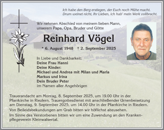 Traueranzeige von Reinhard Vögel von Allgäuer Anzeigeblatt