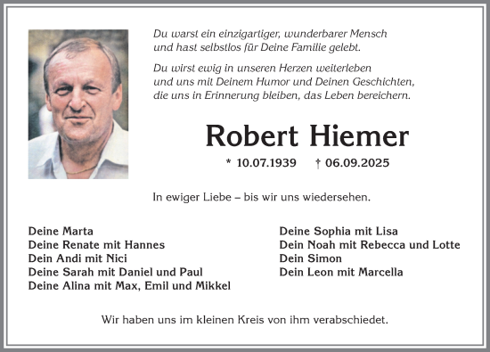 Traueranzeige von Robert Hiemer von Allgäuer Anzeigeblatt