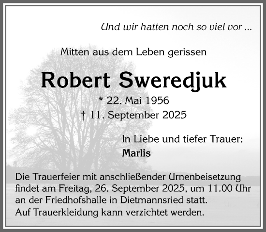 Traueranzeige von Robert Sweredjuk von Allgäuer Zeitung,Kempten
