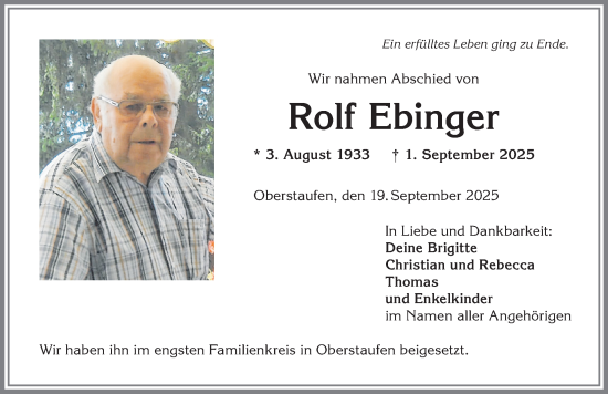 Traueranzeige von Rolf Ebinger von Allgäuer Anzeigeblatt
