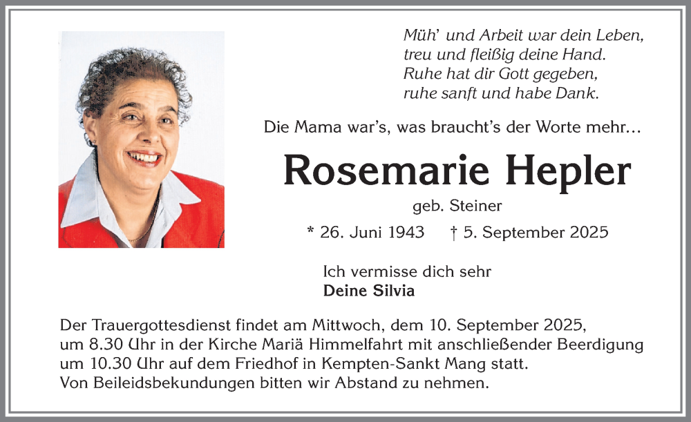  Traueranzeige für Rosemarie Hepler vom 09.09.2025 aus Allgäuer Zeitung,Kempten