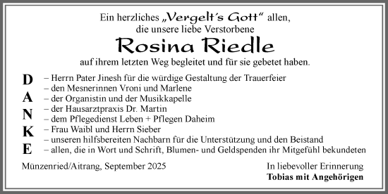 Traueranzeige von Rosina Riedle von Allgäuer Zeitung, Marktoberdorf