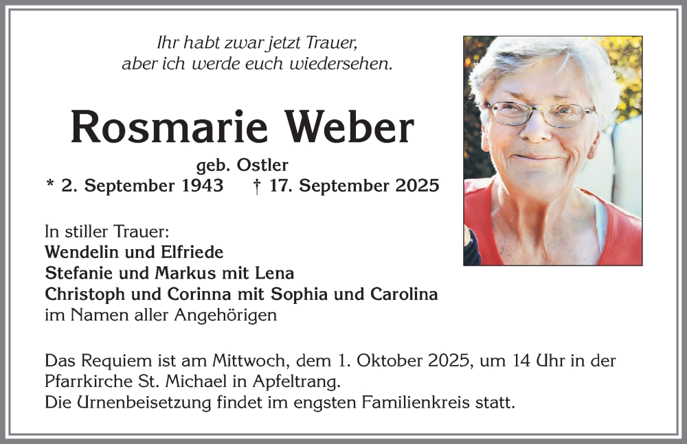  Traueranzeige für Rosmarie Weber vom 27.09.2025 aus Allgäuer Zeitung,Kempten