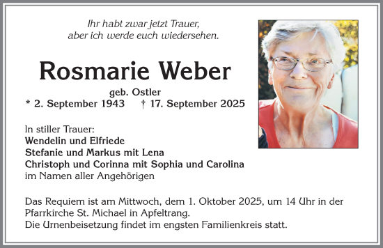 Traueranzeige von Rosmarie Weber von Allgäuer Zeitung,Kempten