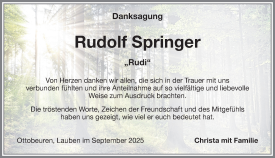 Traueranzeige von Rudolf Springer von Memminger Zeitung