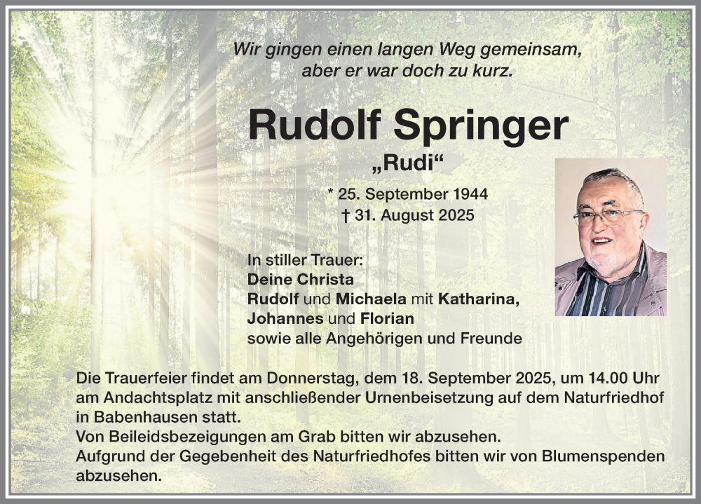  Traueranzeige für Rudolf Springer vom 13.09.2025 aus Memminger Zeitung