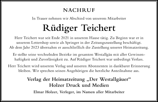Traueranzeige von Rüdiger Teichert von Der Westallgäuer