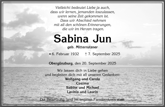 Traueranzeige von Sabina Jun von Allgäuer Zeitung, Marktoberdorf