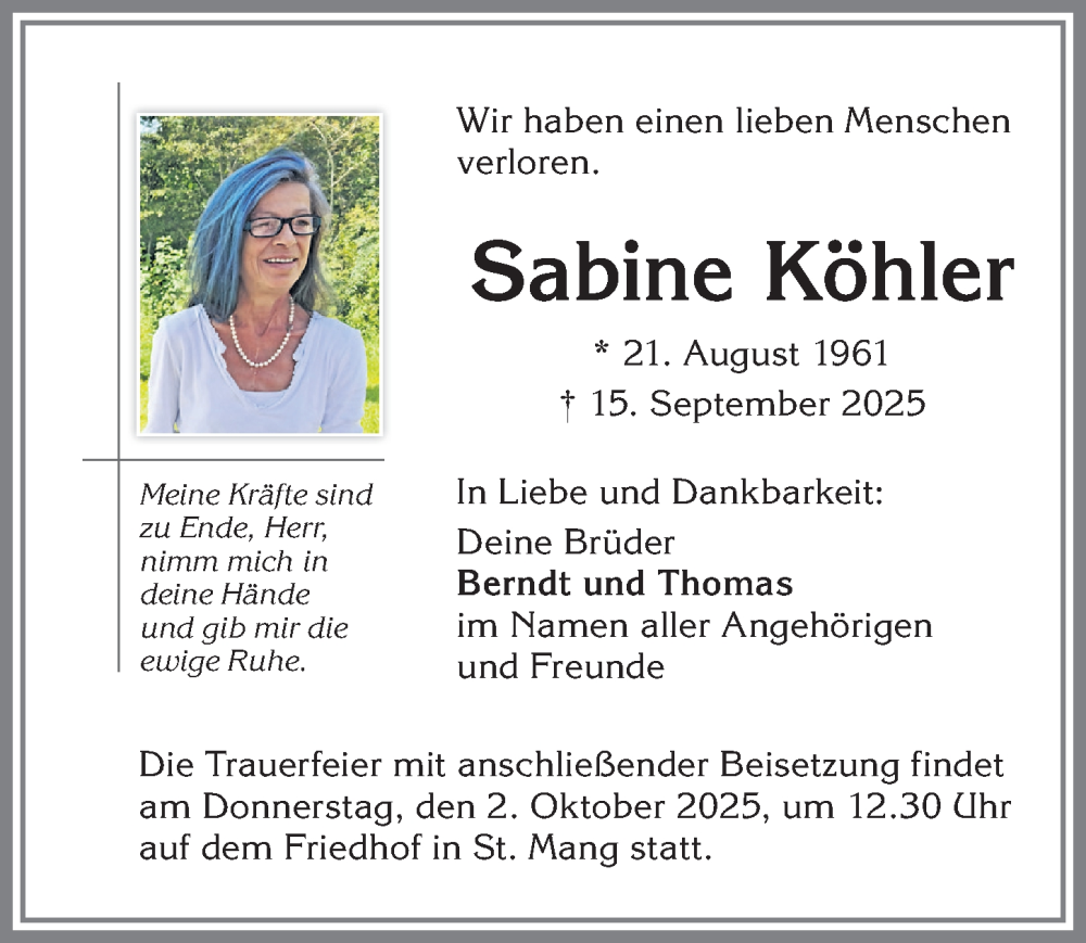  Traueranzeige für Sabine Köhler vom 27.09.2025 aus Allgäuer Zeitung,Kempten