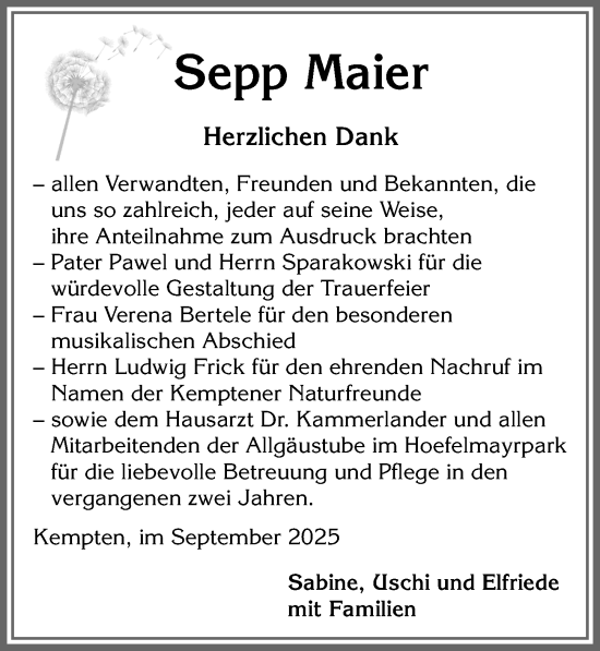 Traueranzeige von Sepp Maier von Allgäuer Zeitung,Kempten