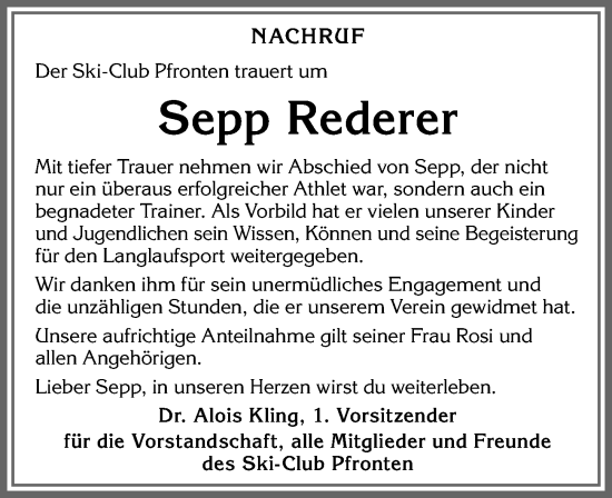 Traueranzeige von Sepp Rederer von Allgäuer Zeitung, Füssen
